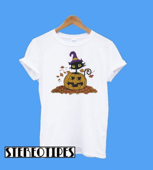 Pumpkin With Black Cat Funny Halloween T-Shirt