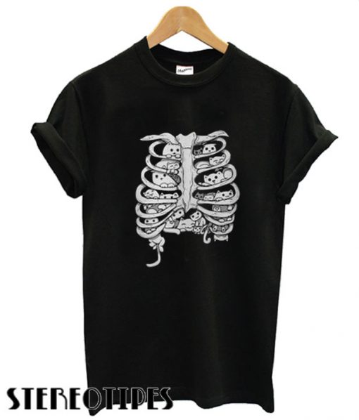 Skeleton chest cat T shirt