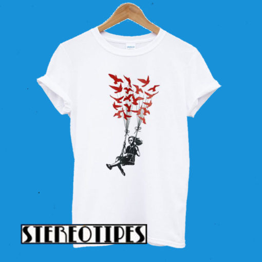 Kid Girl Swing Bird Freedom Balloon Banksy Street Art T-Shirt